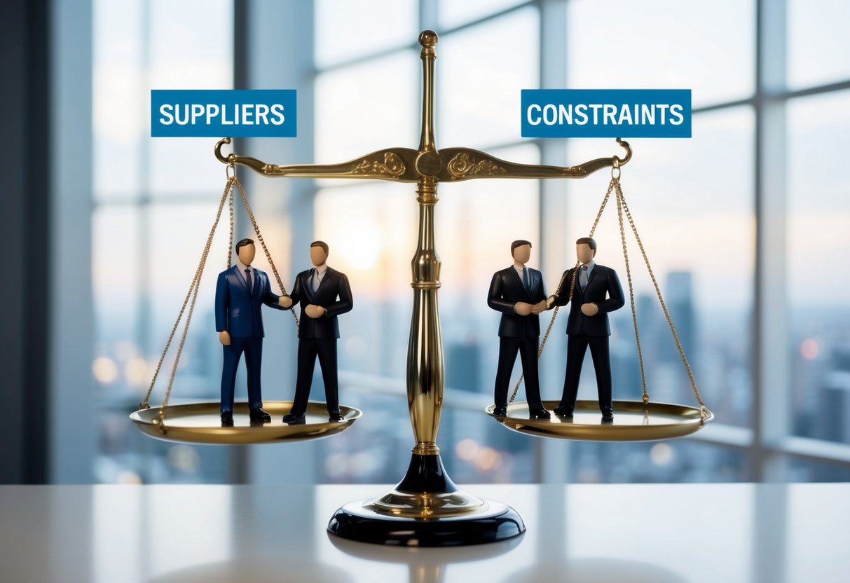 Un acheteur public et un acheteur privé se tenant de part et d'autre d'une balance, avec des fournisseurs représentés comme des opportunités et des contraintes de chaque côté.