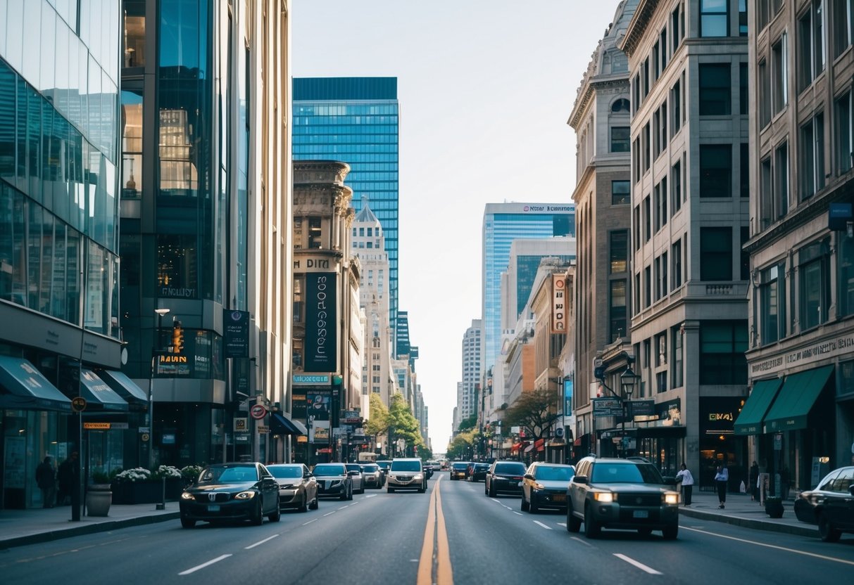 Une rue animée de la ville avec des petites et moyennes entreprises d'un côté, et des bureaux du secteur public et privé de l'autre.