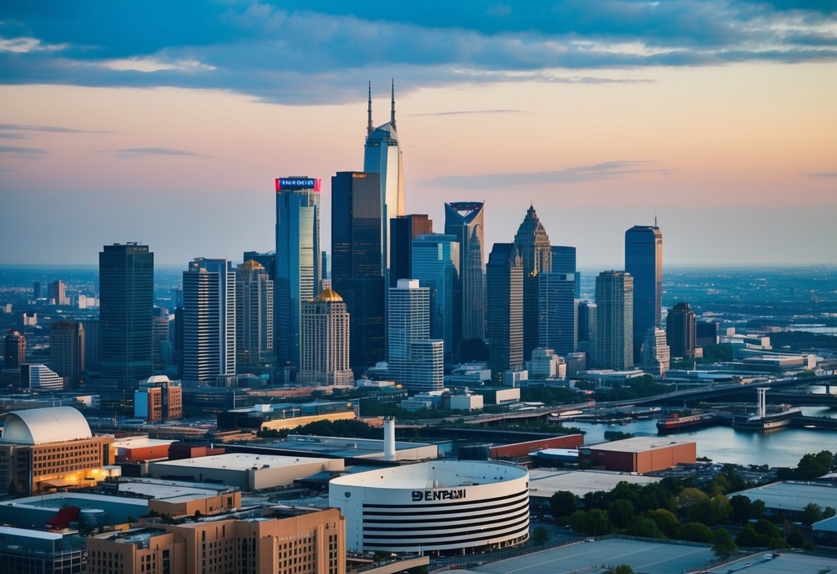 Une skyline urbaine animée avec divers secteurs et industries représentés par des bâtiments et des structures.