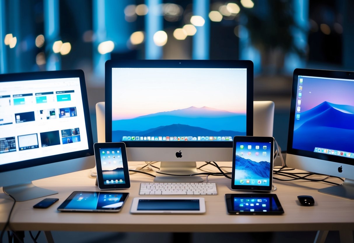 Un espace de travail numérique moderne avec des écrans d'ordinateur, des tablettes et d'autres appareils électroniques disposés soigneusement sur un bureau, avec des câbles et des fils les reliant.