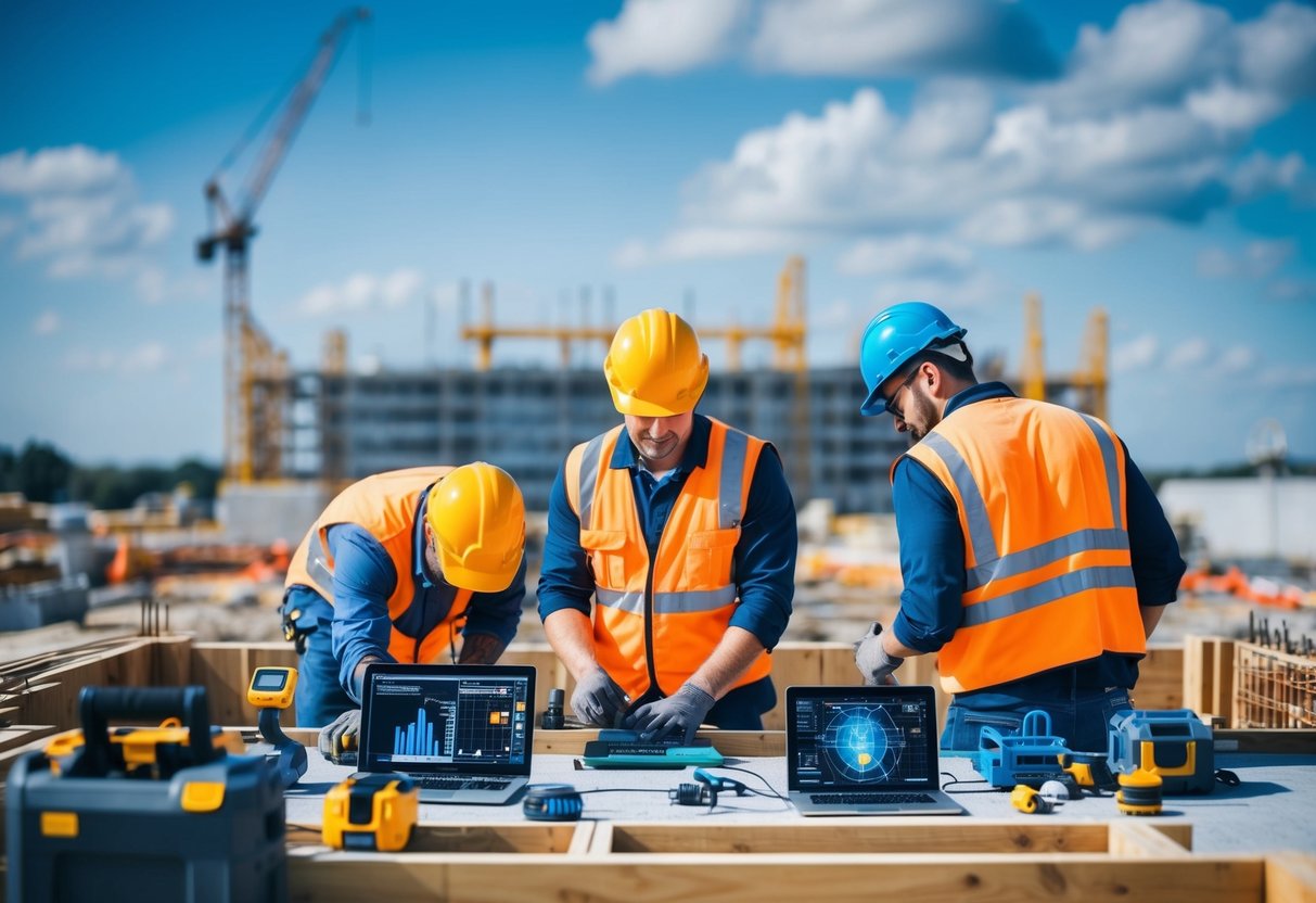 Un chantier de construction avec des travailleurs utilisant des outils et équipements numériques pour accomplir diverses tâches, telles que la modélisation 3D, les simulations de réalité virtuelle et l'analyse de données.