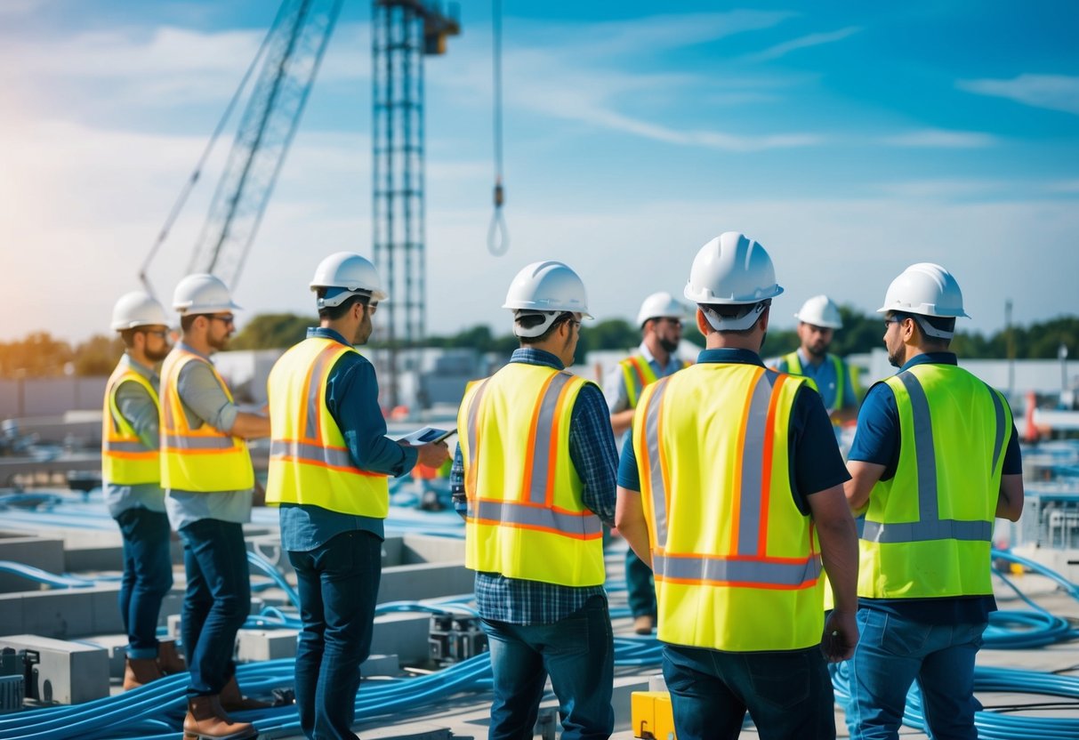 Un groupe de travailleurs portant des casques de sécurité et des gilets réfléchissants est occupé à construire une infrastructure numérique, avec des câbles et du matériel technologique éparpillés sur le site.