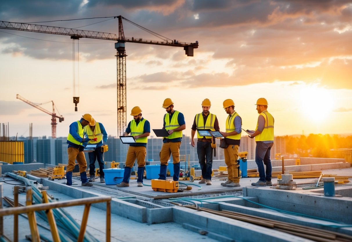 Un chantier animé avec des travailleurs utilisant des outils numériques et des technologies pour surmonter les défis de la digitalisation.