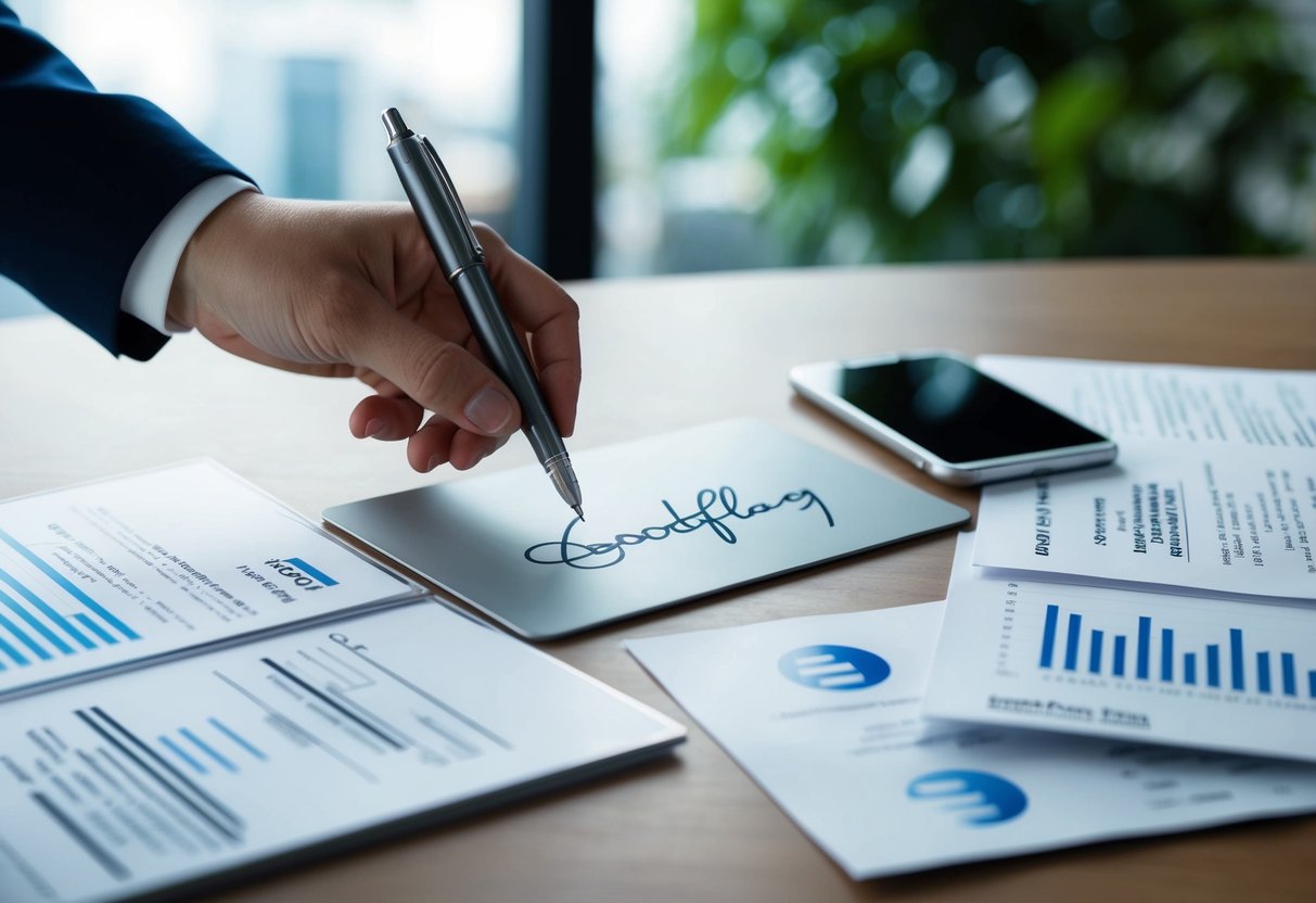 Une signature électronique moderne et élégante intégrée de manière transparente dans divers documents commerciaux, symbolisant les avantages concurrentiels de Goodflag sur le marché français.