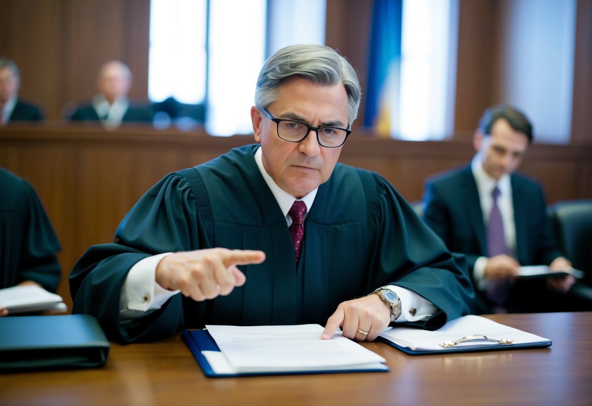 Un juge dans une salle d'audience, pointant et gesticulant tout en examinant des documents et des preuves, avec une expression sévère sur le visage.