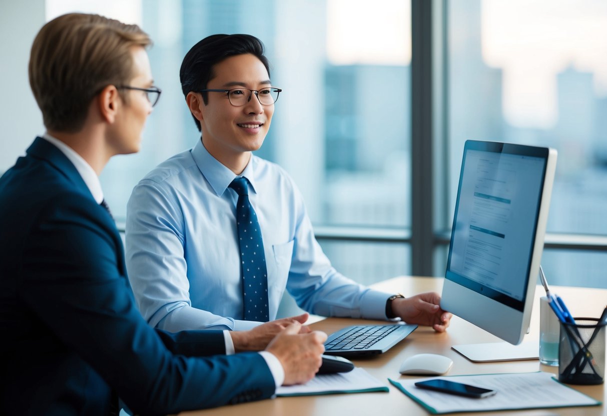 Une personne à un bureau avec un ordinateur, un téléphone et des documents, parlant avec un représentant d'une agence gouvernementale