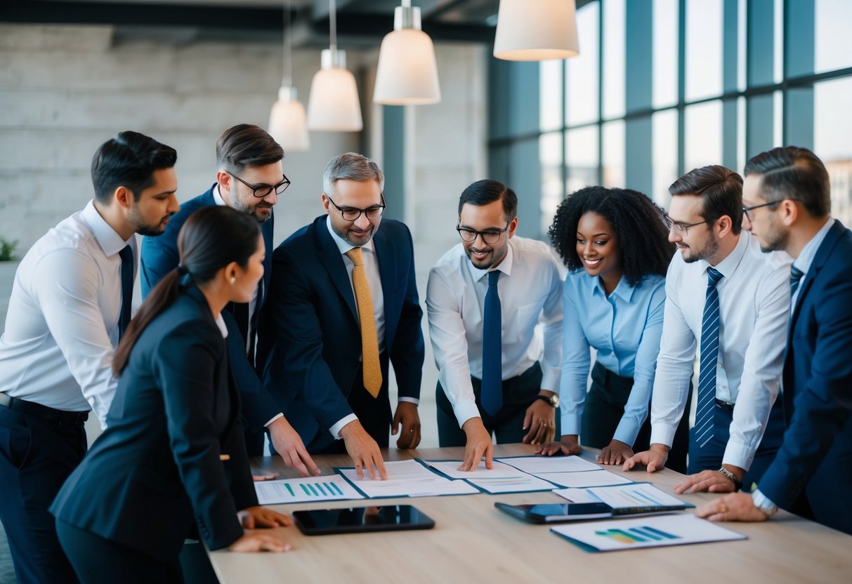 Un groupe de professionnels divers se réunit autour d'une table pour discuter et planifier l'exécution d'un contrat de marché public.
