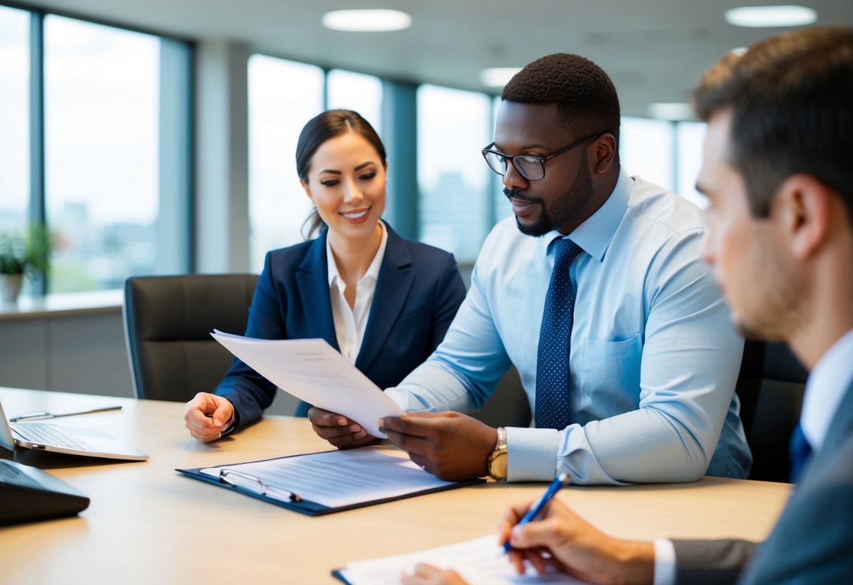 Un agent des marchés publics à un bureau, recevant des documents d'un entrepreneur, tout en discutant des termes et conditions.