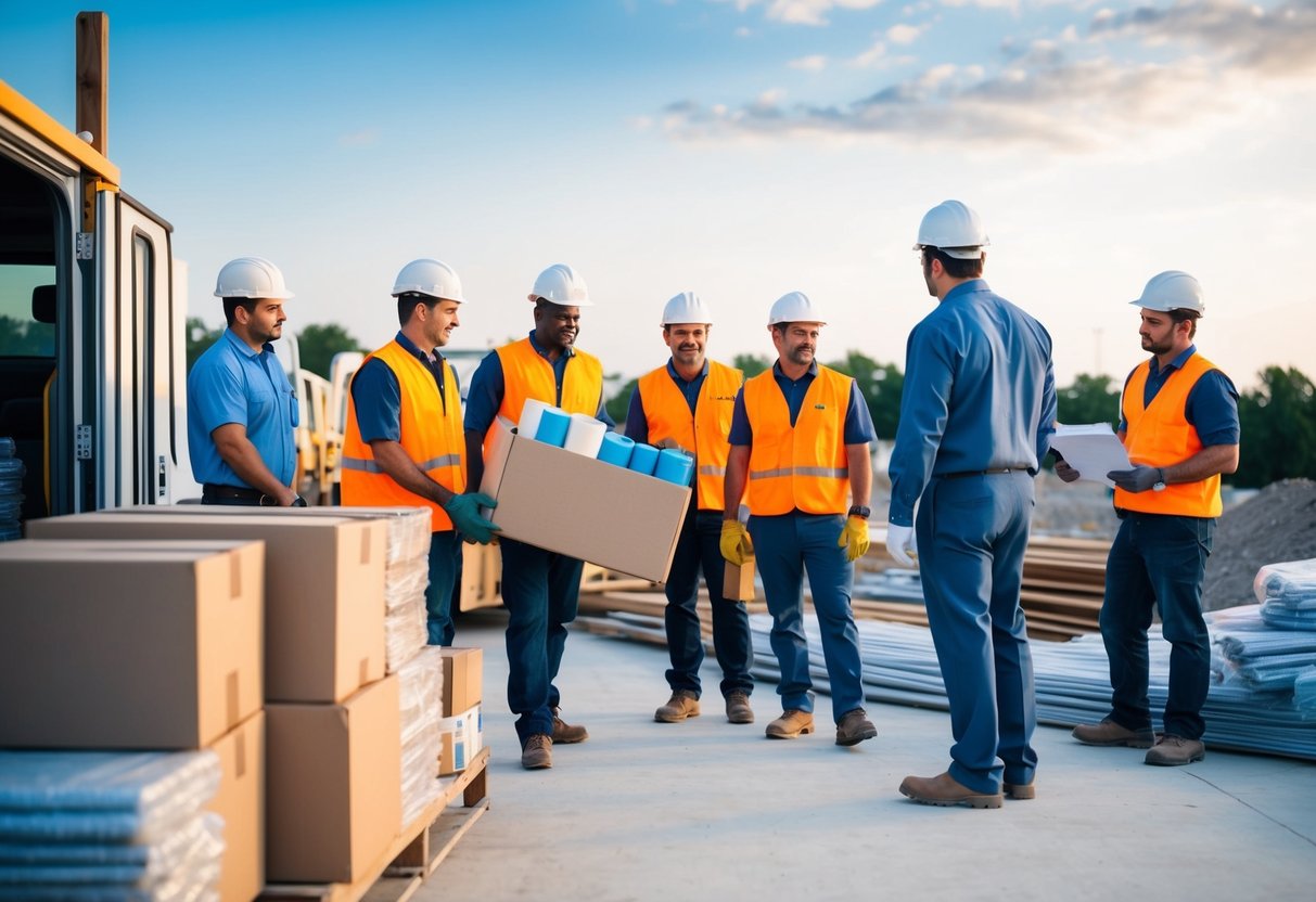 Un groupe de travailleurs livre des fournitures à un chantier, tandis qu'un inspecteur vérifie la qualité des matériaux. Le chef de projet supervise le processus.