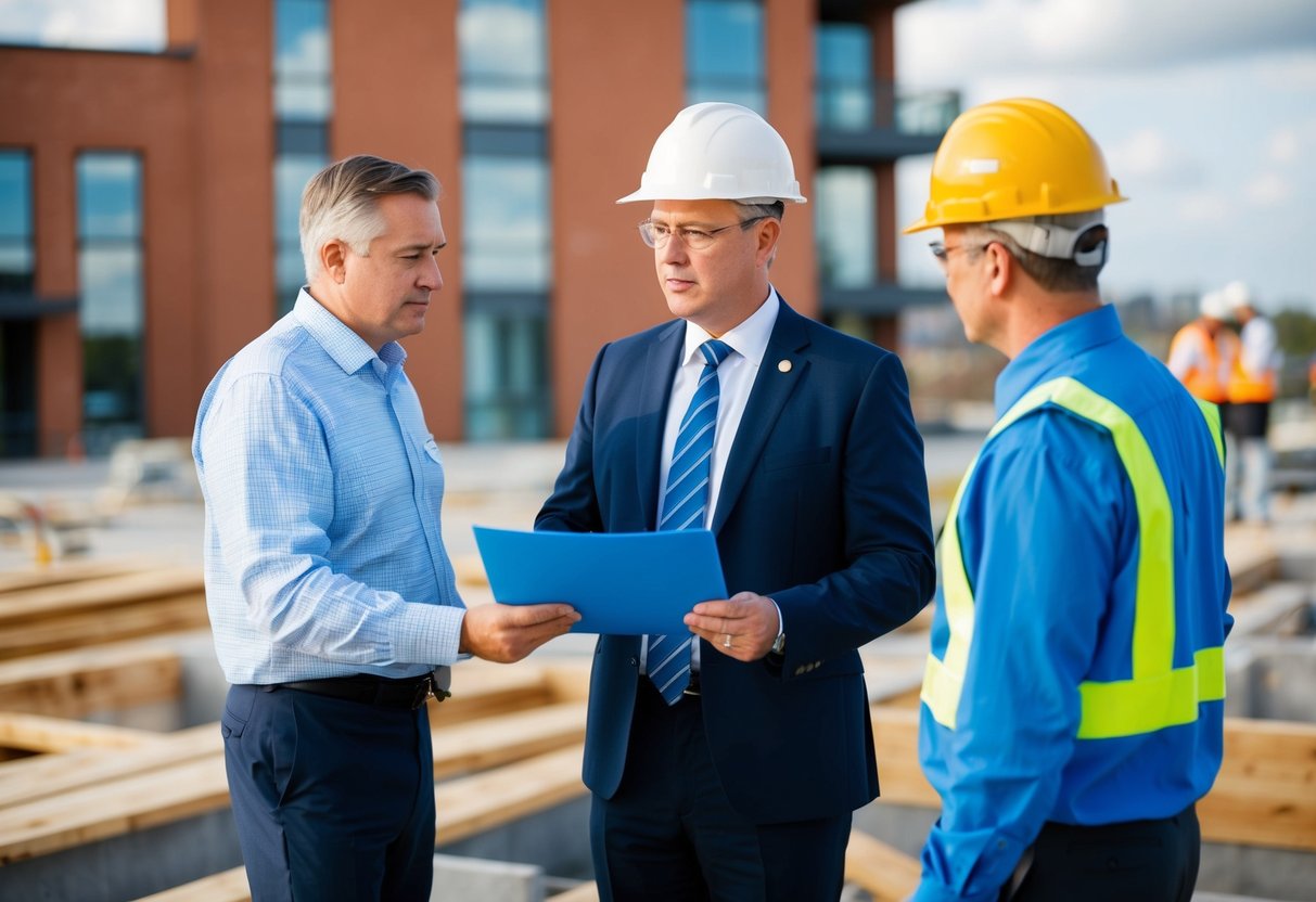 Un fonctionnaire public inspecte les travaux de construction achevés tandis qu'un représentant de l'entreprise observe.