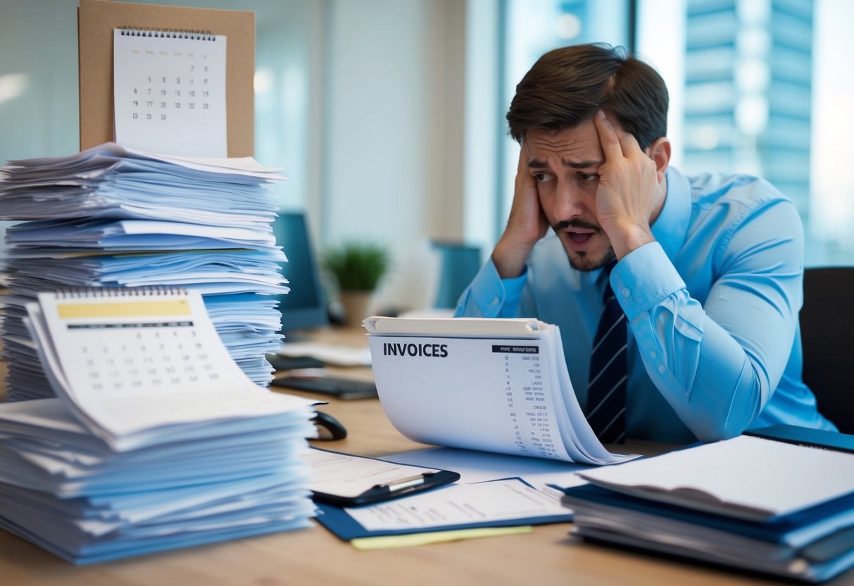 Un bureau occupé avec des piles de documents, un calendrier affichant une date limite, et un individu frustré regardant une pile de factures en retard.