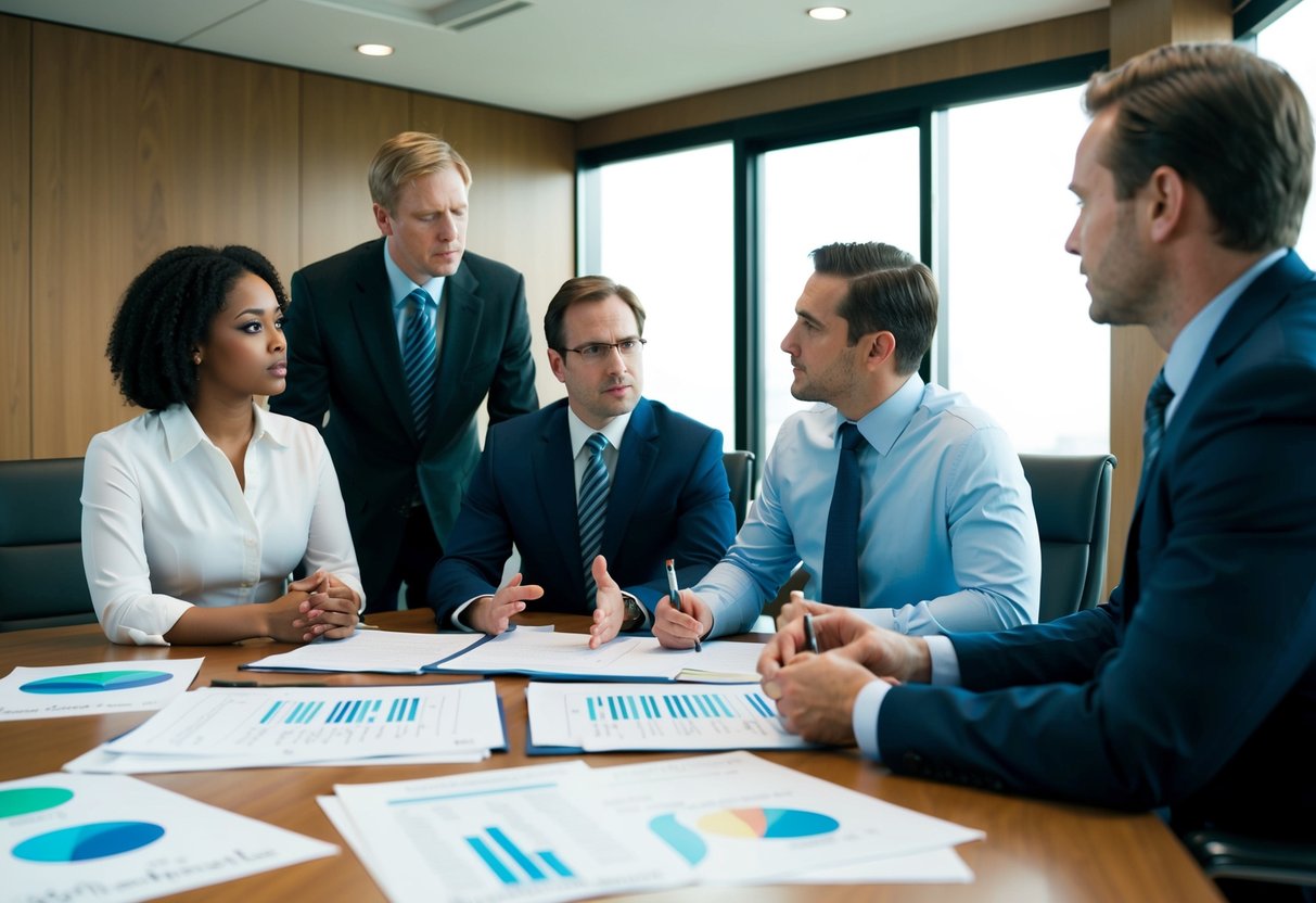 Un groupe d'acteurs discutant de la gestion des pénalités pour les contrats publics dans une salle de réunion. Des graphiques et des documents éparpillés sur la table.