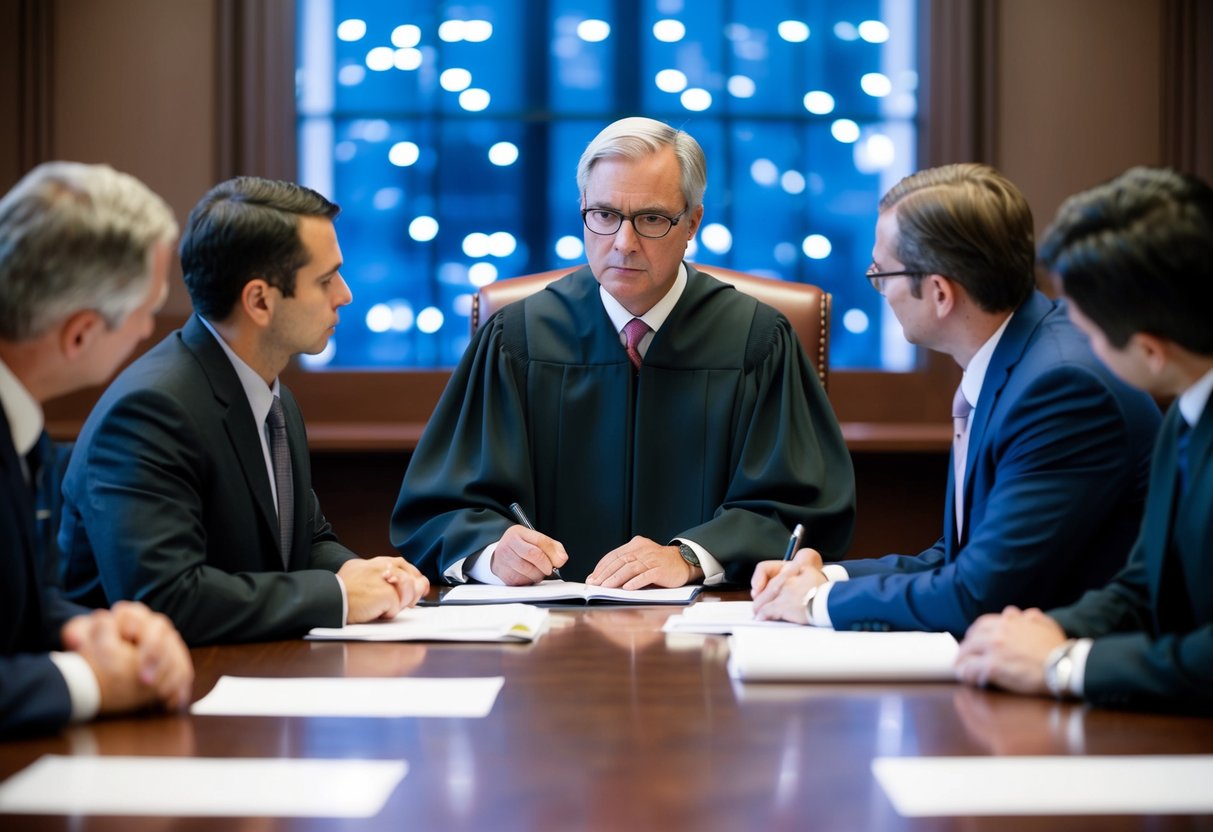 Une scène de tribunal avec un juge présidant un litige entre un acheteur public et un entrepreneur lors de l'exécution d'un contrat public