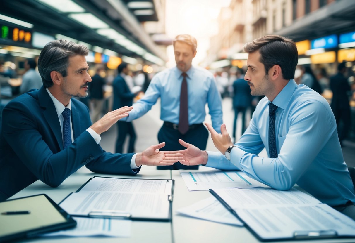 Une scène de marché public avec deux personnages en dispute, gesticulant et discutant, entourés de documents juridiques et de contrats.