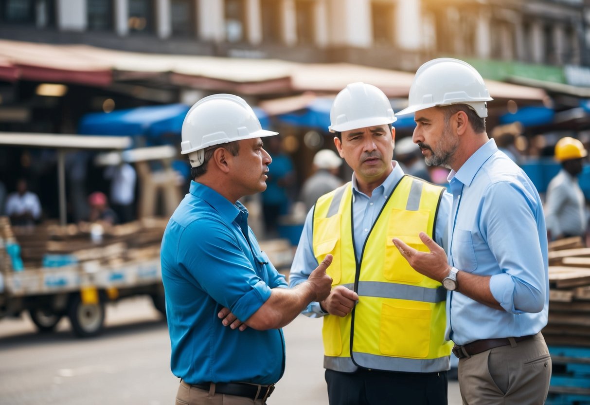 Une scène de marché public avec un entrepreneur et un fonctionnaire gouvernemental en désaccord sur un projet de construction. Les deux parties sont en discussion, avec un sentiment de tension et de frustration dans l'air.