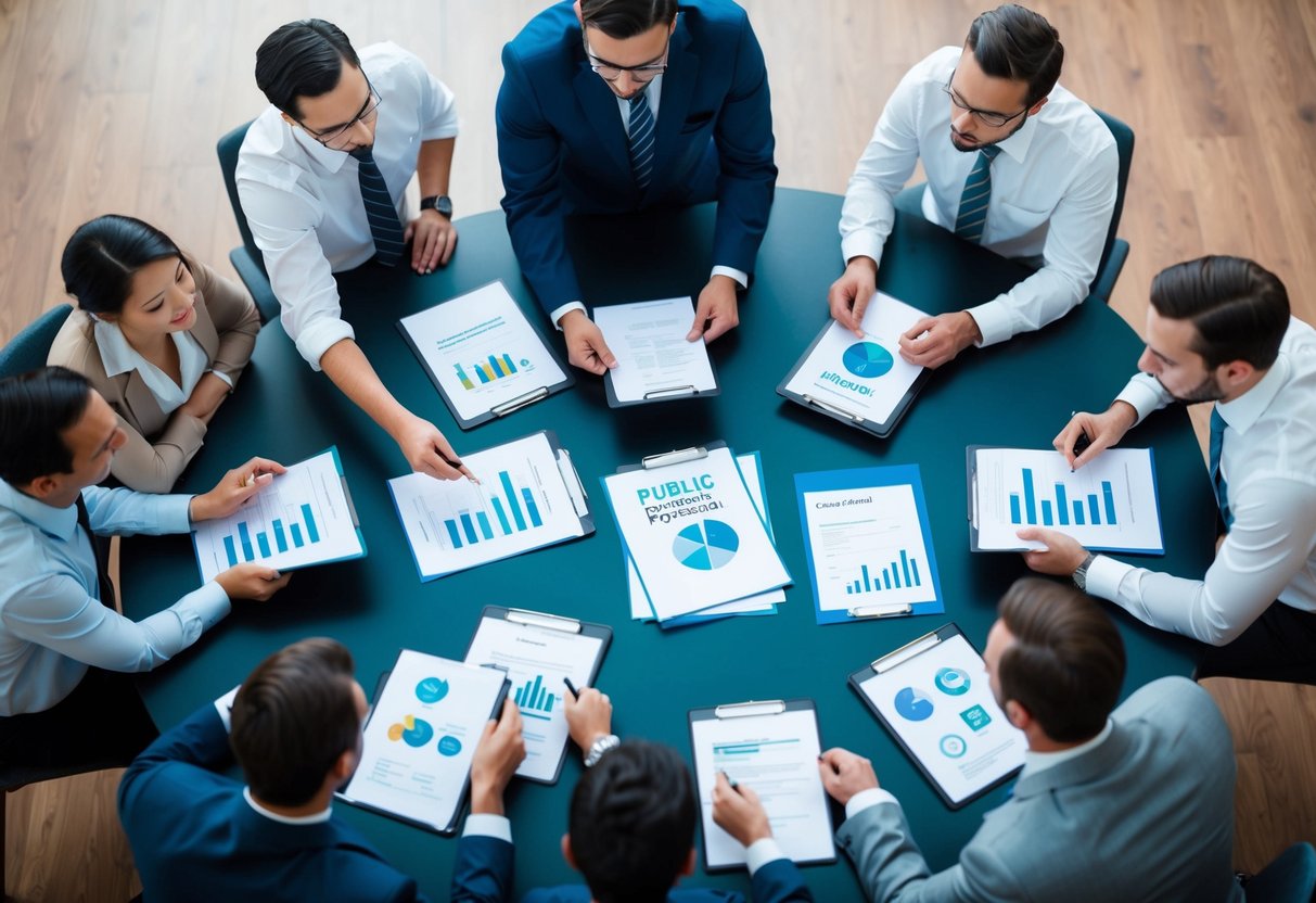 Un groupe de professionnels s'est rassemblé autour d'une table, examinant et évaluant des documents et des plans pour un concours de marchés publics.