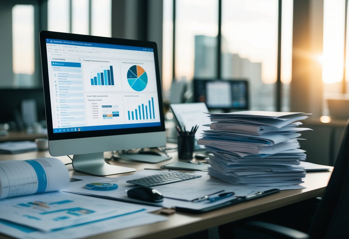 Un bureau encombré de plans architecturaux, un écran d'ordinateur affichant les détails du projet, et une pile de documents juridiques pour un processus d'appel d'offres public.