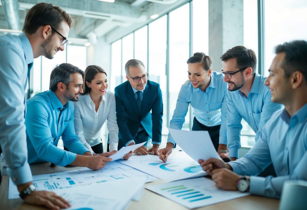 Un groupe d'architectes et d'ingénieurs collabore sur un projet de design, discutant des plans et des croquis dans un cadre de bureau moderne.