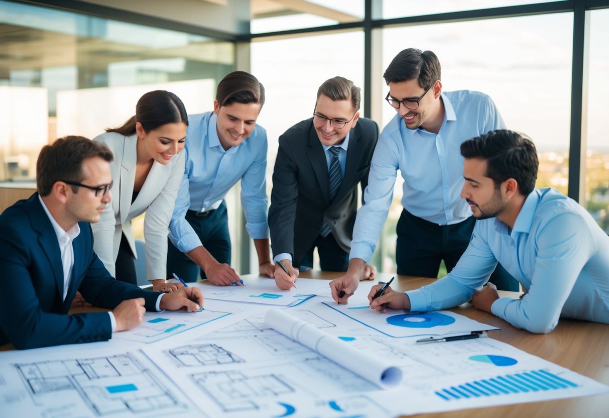 Un groupe d'architectes et d'ingénieurs en train de réfléchir et de dessiner des idées pour un concours de projet public. Des plans et des concepts de design couvrent la table.