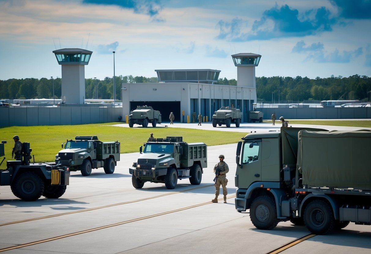 Une base militaire avec une clôture de haute sécurité, des tours de garde et du personnel armé en patrouille. Des véhicules et équipements spécialisés sont déchargés de camions de transport.