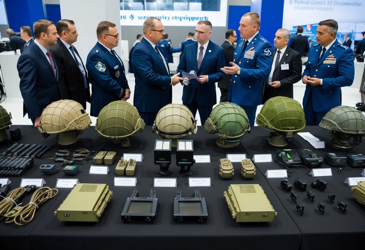 Un groupe d'équipements militaires et de sécurité disposés pour exposition, avec des responsables et des fournisseurs discutant des spécifications et des exigences.