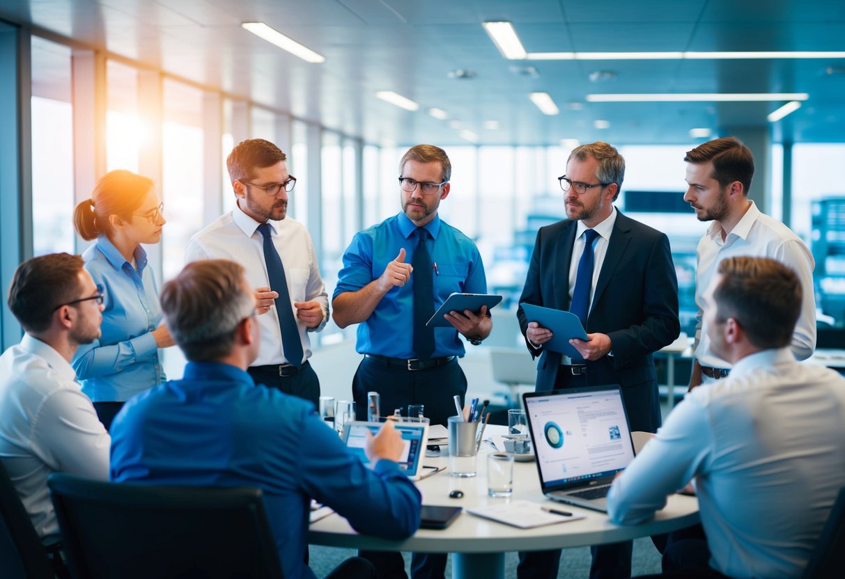 Un groupe d'ingénieurs et d'experts en sécurité discutant des spécifications techniques et de l'innovation pour les contrats de défense et de sécurité.