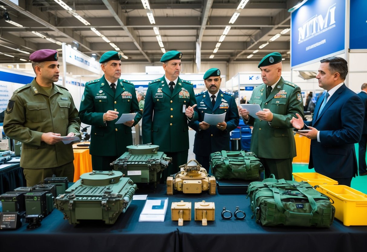 Un groupe d'équipements militaires et de sécurité exposés dans un marché spécialisé, avec des vendeurs et des acheteurs potentiels discutant des spécifications.