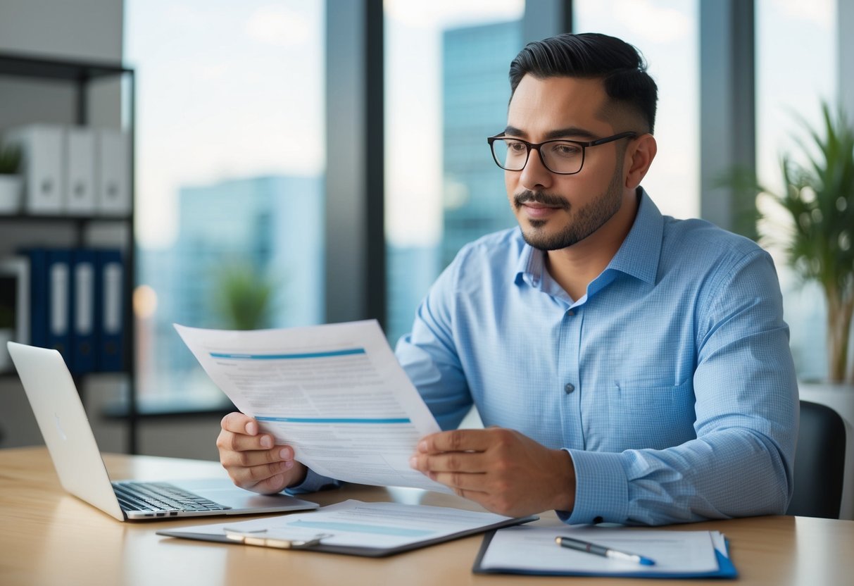 Un propriétaire de petite entreprise examinant des documents financiers tout en envisageant de répondre à un appel d'offres public.
