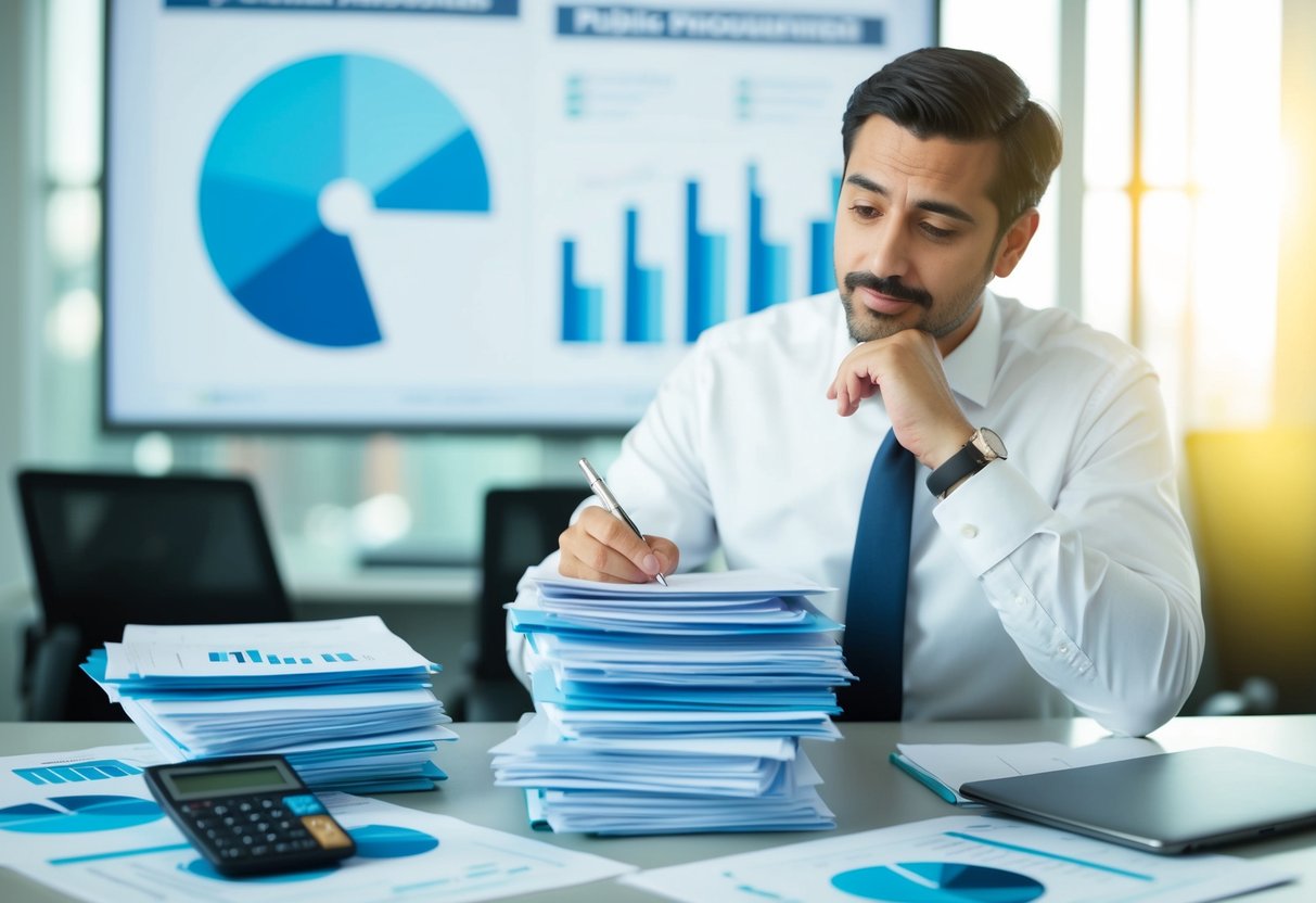 Un propriétaire de petite entreprise étudiant une pile de documents de marchés publics avec une expression pensive, entouré de rapports financiers et de graphiques d'analyse de marché.