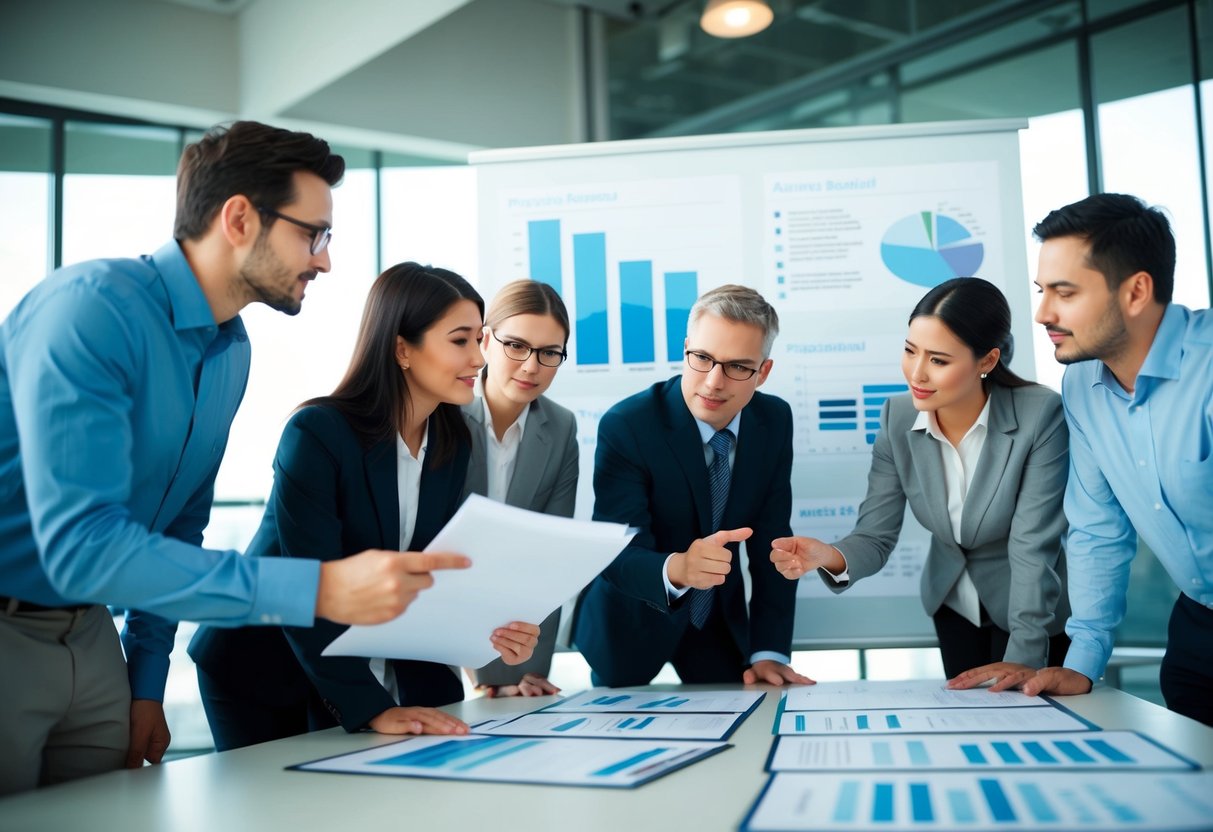 Un groupe de personnes examinant des documents et discutant, tout en pointant des graphiques et des diagrammes sur un grand tableau de présentation.