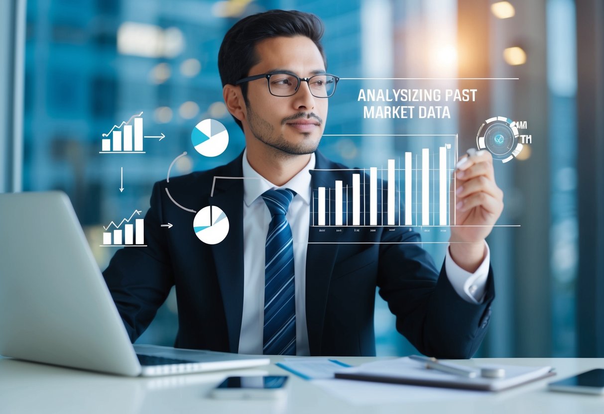 Une personne analysant des données de marché passées avec des graphiques et des diagrammes pour cibler des réponses futures.