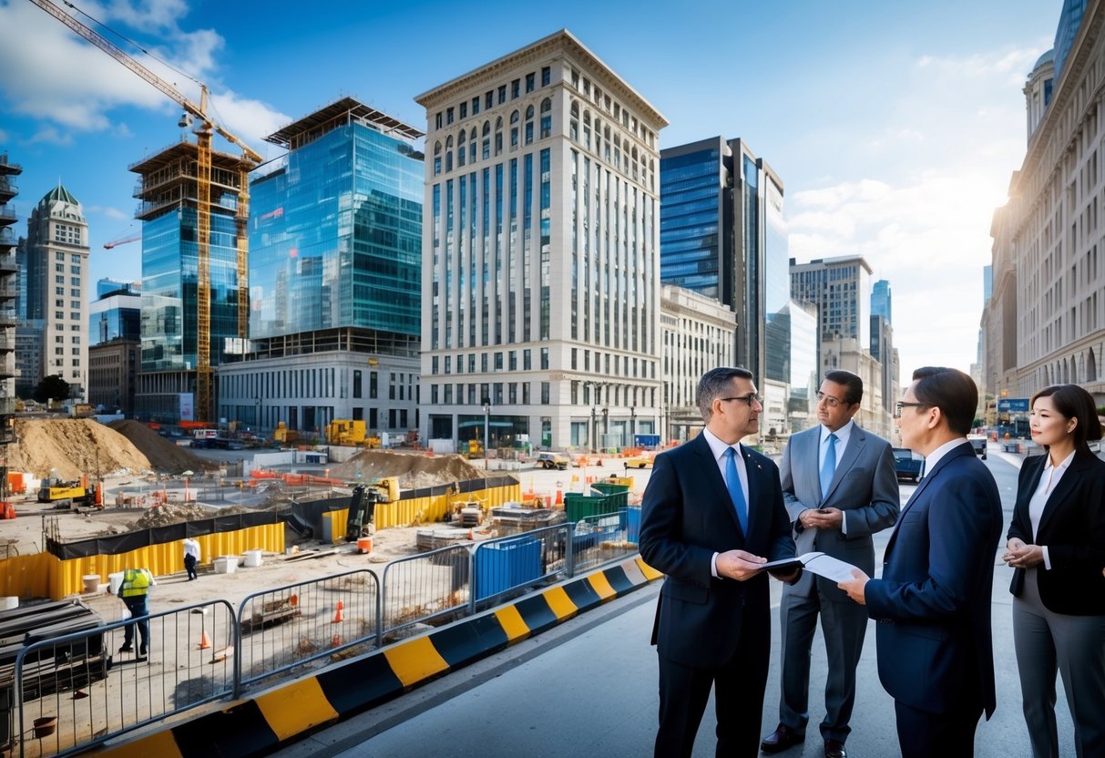 Une rue animée de la ville avec des chantiers de construction et des bâtiments gouvernementaux, entourée d'avocats et de fonctionnaires discutant des récents changements aux lois sur les marchés publics.
