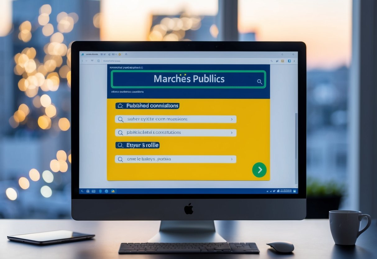 Un écran d'ordinateur avec une barre de recherche affichant "Marchés Publics" et une liste de consultations publiées sur le profil d'un acheteur.