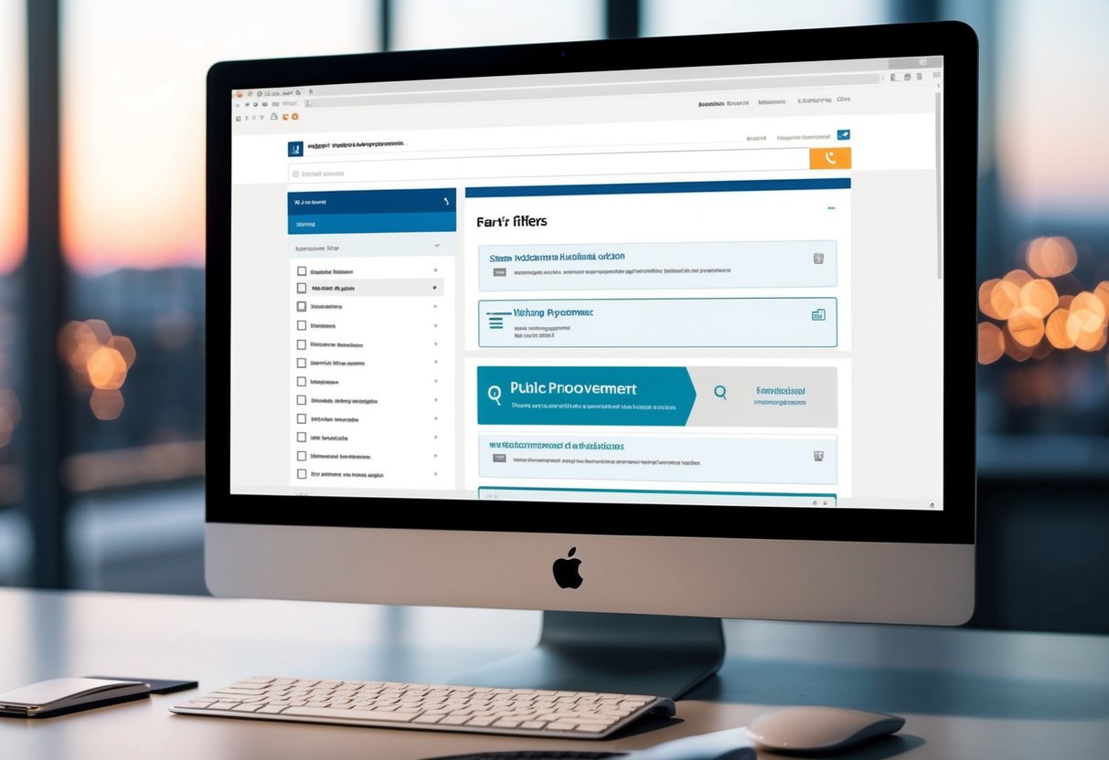 Un écran d'ordinateur affichant un site web avec des filtres de recherche pour les avis de marchés publics