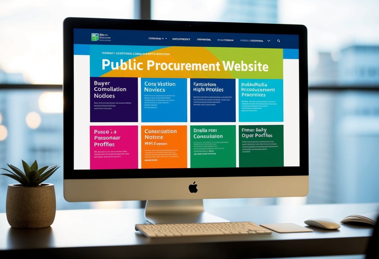Un écran d'ordinateur affichant un site web de marchés publics avec divers avis de consultation pour les profils d'acheteurs