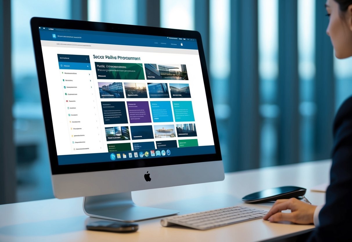 Un écran d'ordinateur affichant une plateforme de marchés publics sécurisée avec plusieurs onglets ouverts, présentant divers appels d'offres publics et opportunités de contrats