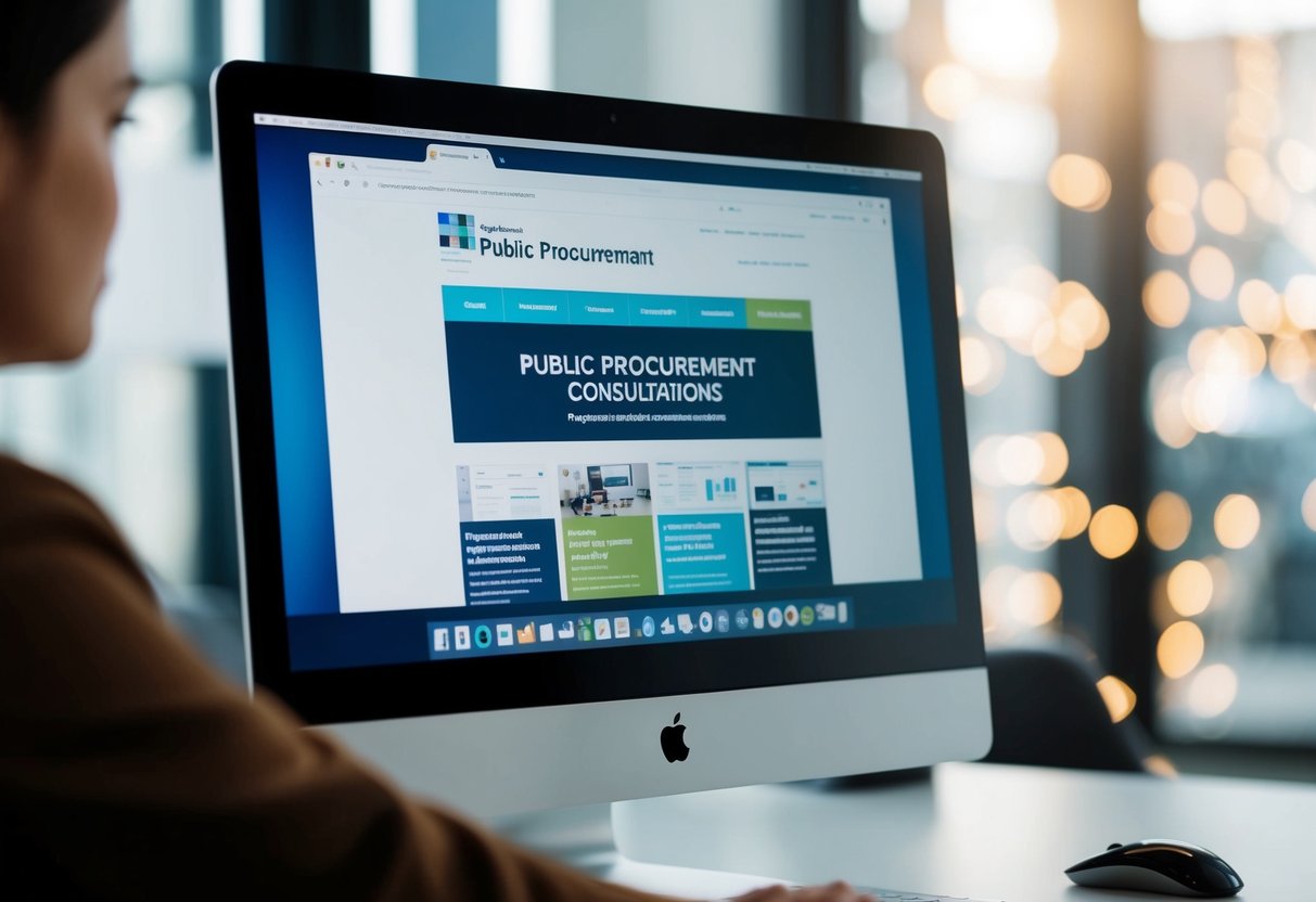 Un écran d'ordinateur affichant un site web de marchés publics avec diverses consultations publiées, et une main de personne utilisant une souris pour naviguer sur le site.
