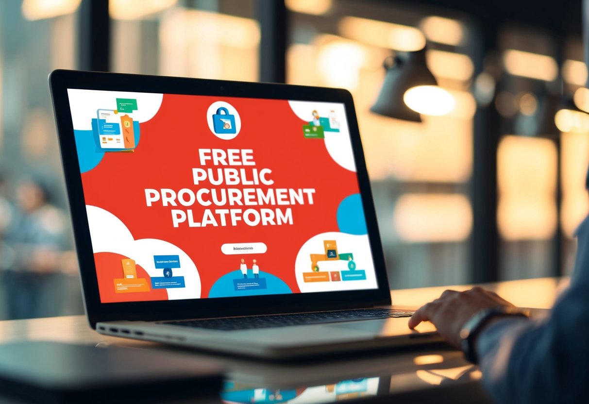 Un écran d'ordinateur affichant une plateforme de marchés publics gratuite avec diverses opportunités d'appel d'offres et catégories