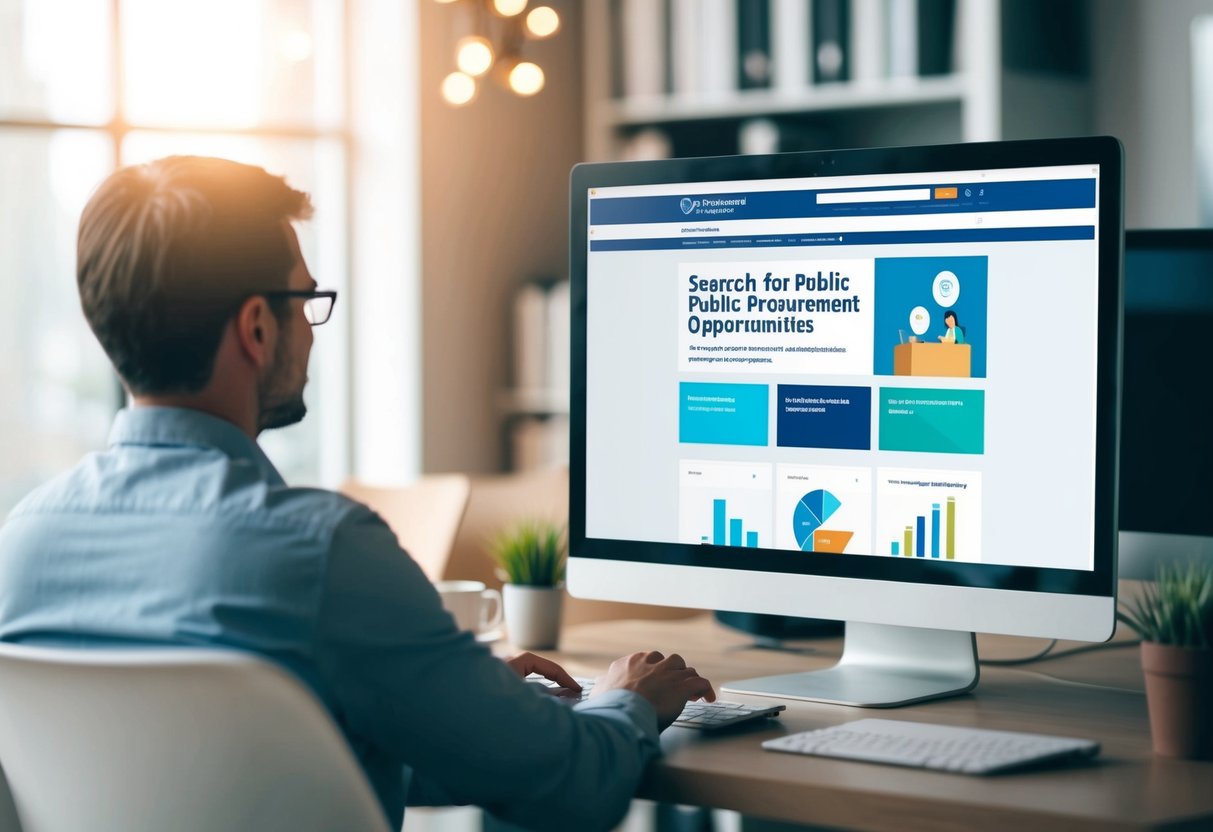 Une personne utilisant un ordinateur pour rechercher des opportunités de marchés publics sur diverses plateformes et outils en ligne.