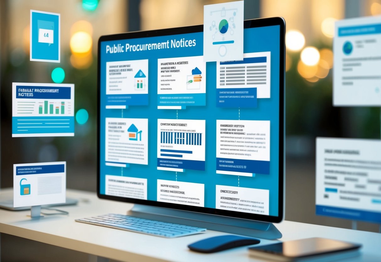 Une collection d'avis de marchés publics affichés sur une plateforme numérique, avec des informations sur les contrats attribués et l'analyse de la concurrence.