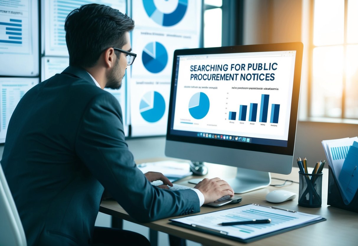 Une personne à un bureau avec un ordinateur, entourée de documents et de graphiques, cherchant des avis de marchés publics pour analyser la concurrence pour la stratégie commerciale.
