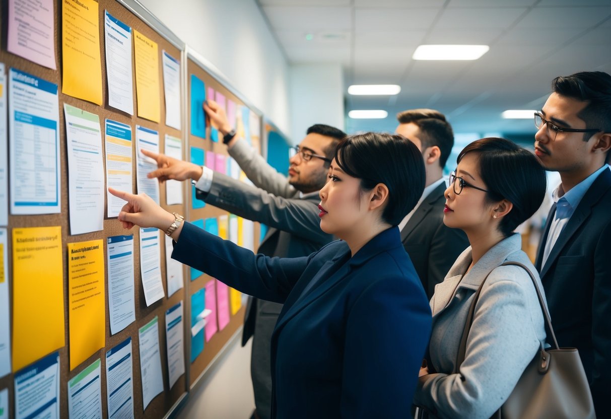 Un groupe de personnes scrutant un tableau d'affichage couvert d'avis et de documents colorés, chaque personne pointant différentes sections avec un air de concentration sur leur visage.