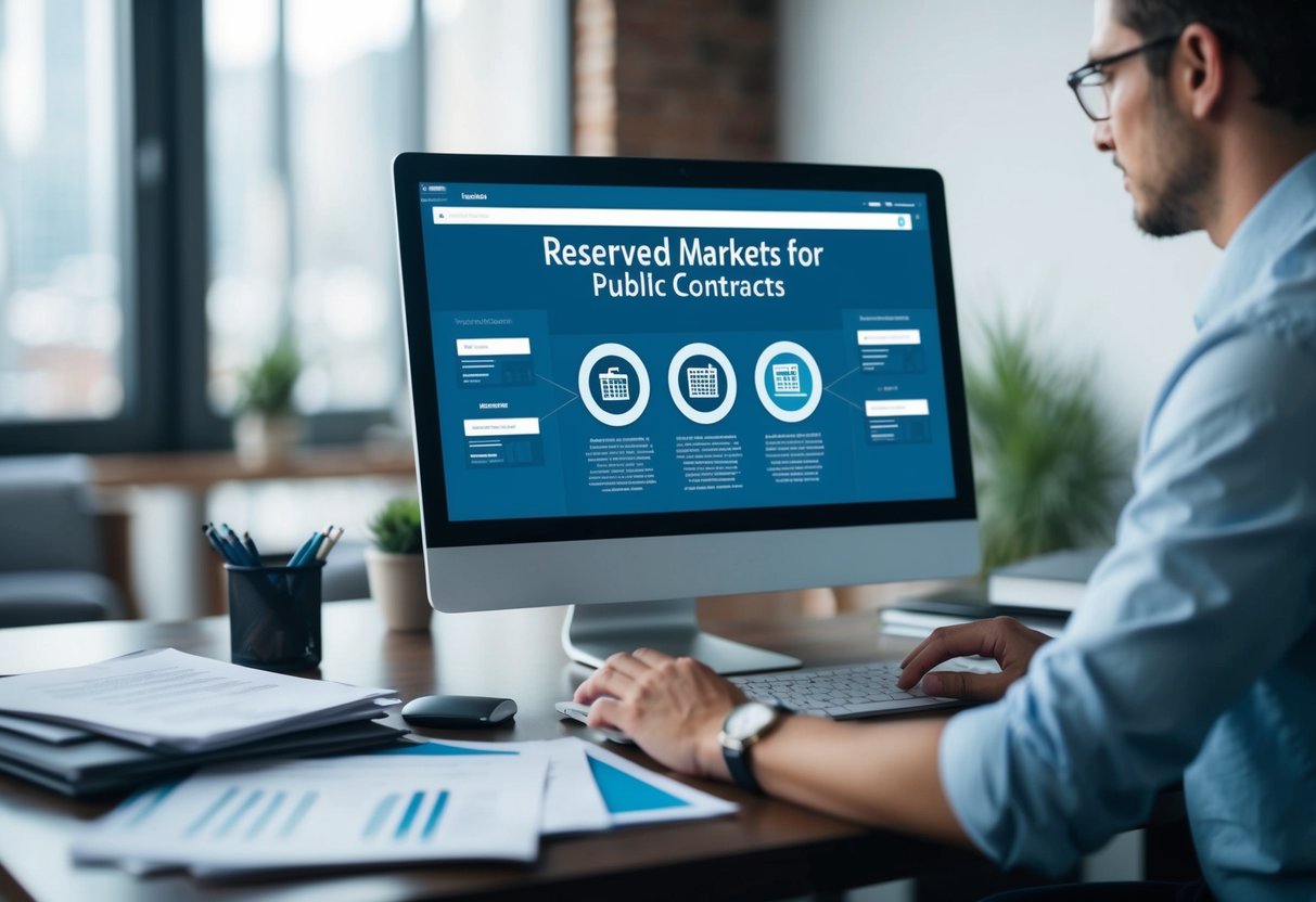 Une personne utilisant un ordinateur pour rechercher des marchés réservés pour des contrats publics, avec divers documents et ressources étalés sur le bureau.