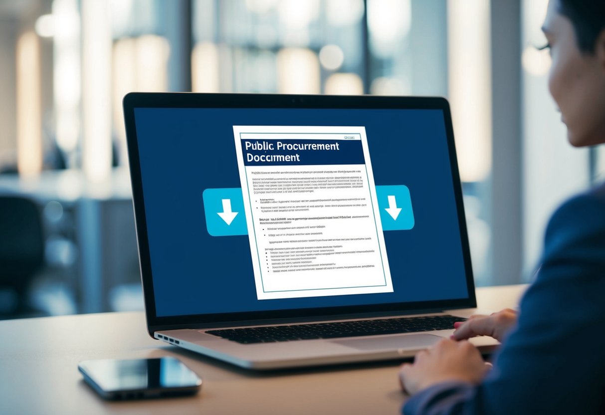 Un document de marché public détaillé (DCE) affiché sur un écran d'ordinateur avec un bouton de téléchargement