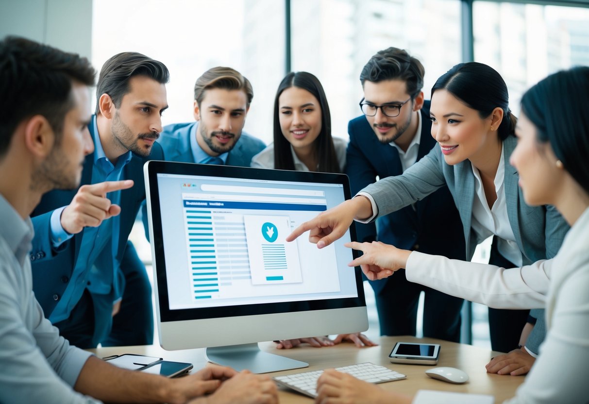 Un groupe de personnes s'est rassemblé autour d'un ordinateur, pointant et discutant, tandis qu'une main tendue se prépare à télécharger un document DCE depuis un site web.