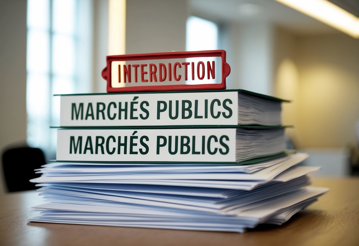 Une pile de documents officiels et de formulaires administratifs marqués "Marchés Publics" avec un tampon rouge "interdiction" sur le dessus