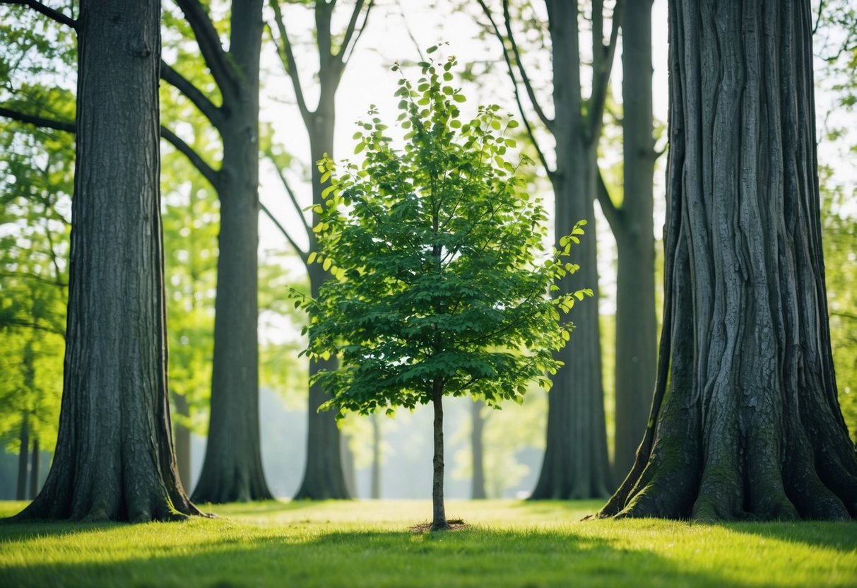 Un jeune arbre poussant au milieu d'arbres matures et imposants, symbolisant une jeune entreprise cherchant à justifier ses capacités sur un marché concurrentiel.