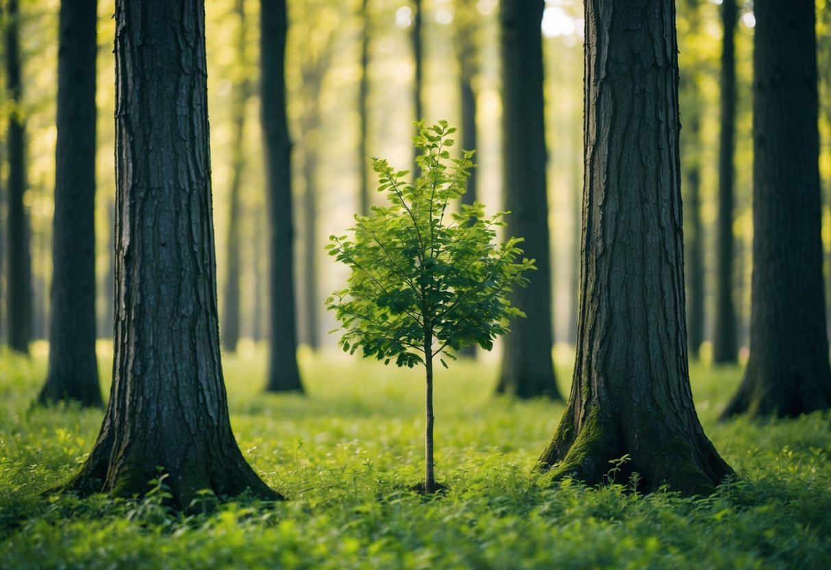Un jeune arbre poussant parmi des arbres hauts et établis dans une forêt, symbolisant une jeune entreprise cherchant à renforcer sa candidature aux marchés publics.