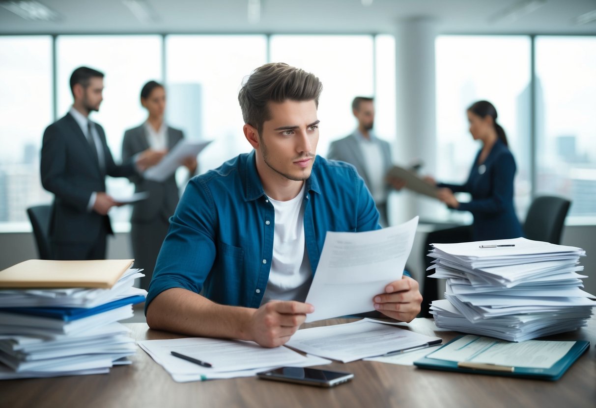 Un jeune entrepreneur entouré de paperasse et de documents gouvernementaux, cherchant à prouver ses qualifications pour des contrats publics.