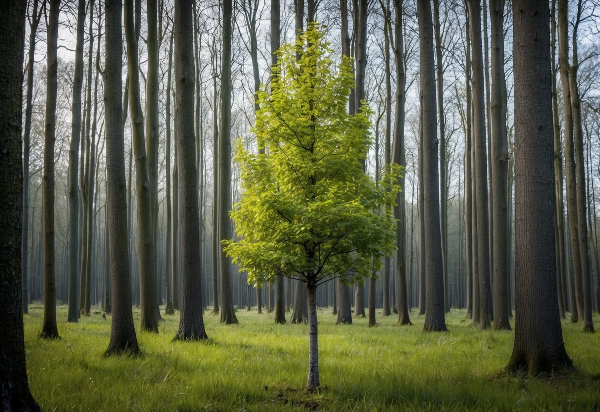 Un jeune arbre poussant haut parmi des arbres plus vieux et établis dans une forêt